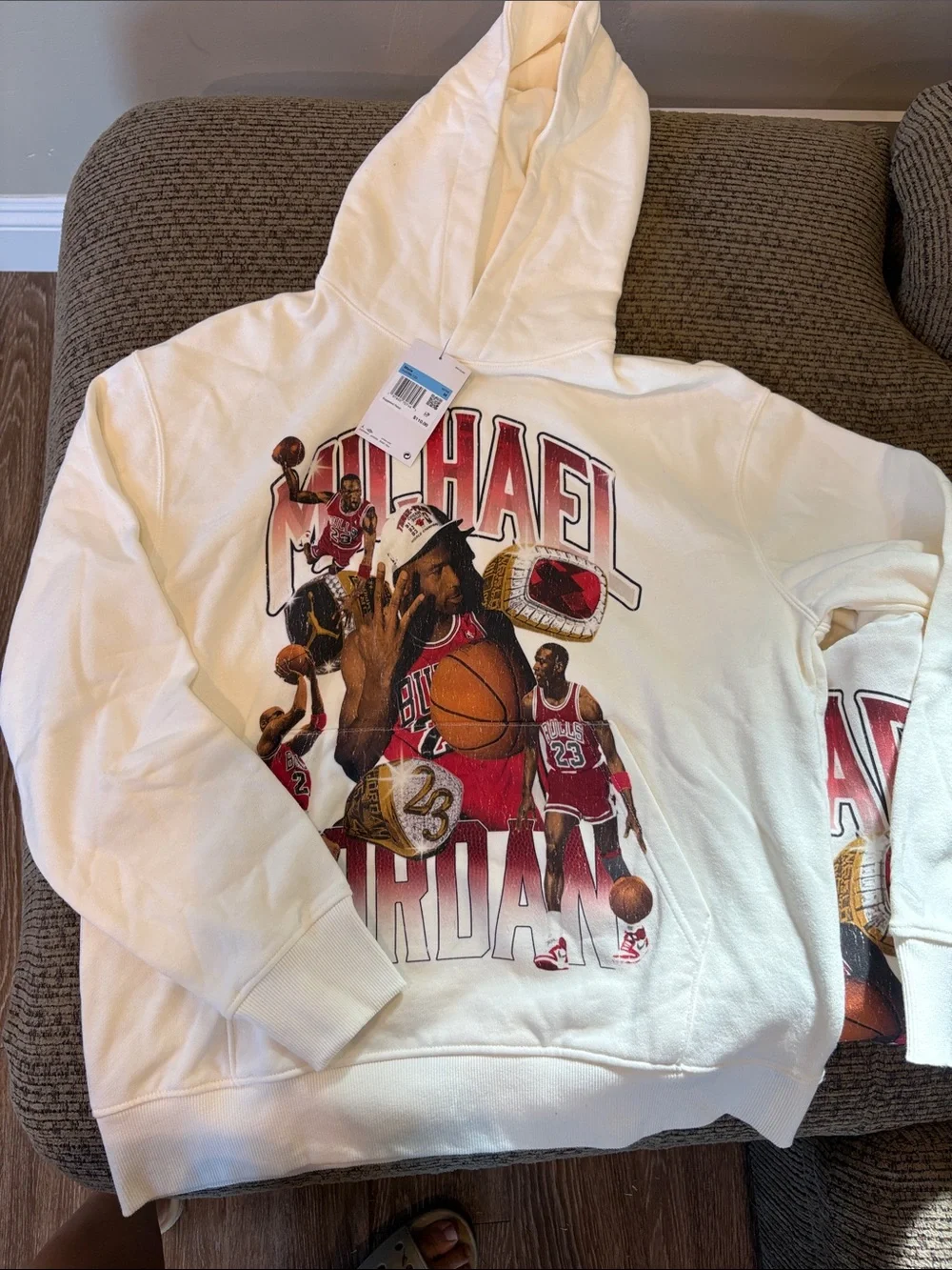 Jordan Men's Cream Crewneck Hoodie with Red Graphic